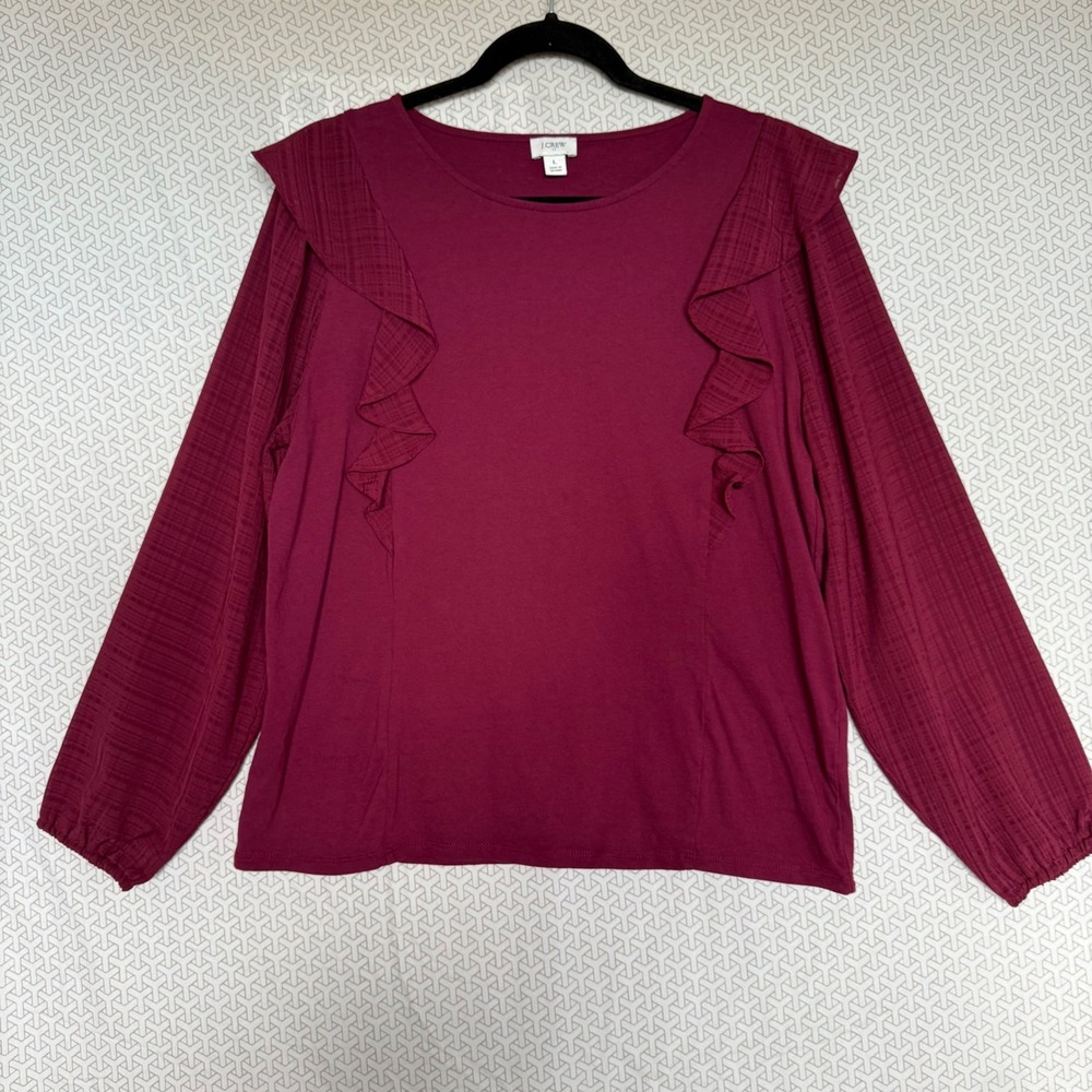 J. Crew Burgundy Ruffle‎ Sleeve Crew Neck Long Sleeve Top Women's Size L